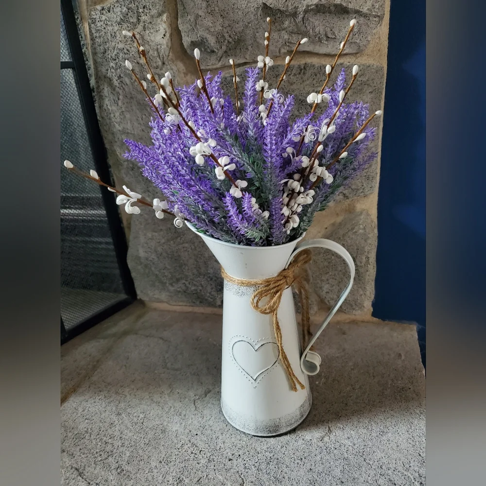 Lavender Artificial Flowers in Decorative Flower Pitcher
